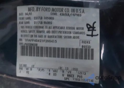 2001 Ford Mustang from USA, damaged, VIN 1FAFP40421F200415